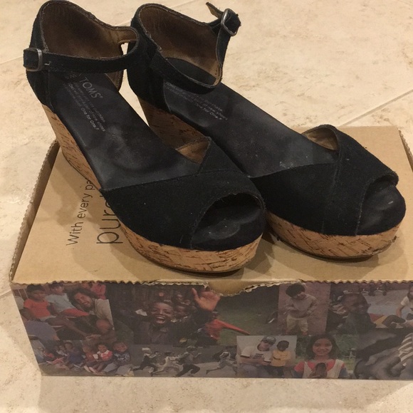 Toms Shoes - Toms Black Suede Cork Platform Wedge Sandals